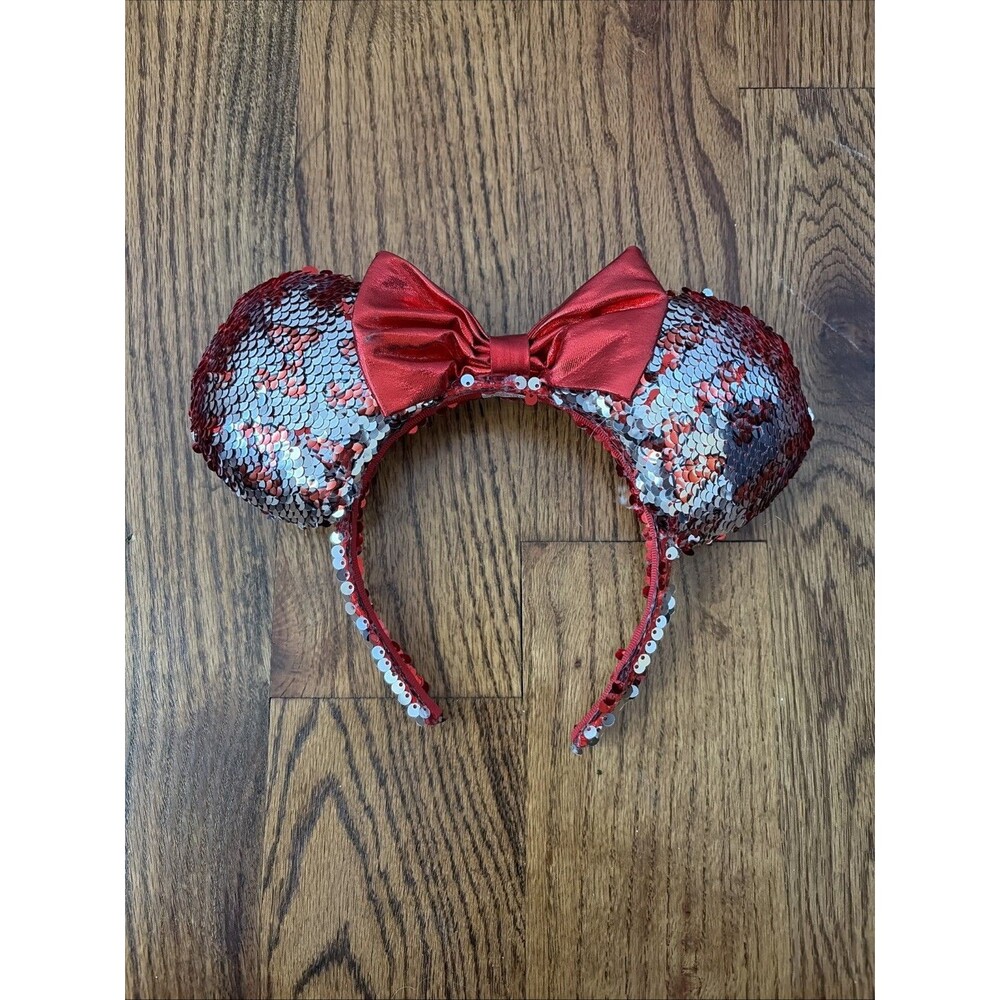 Disney Minnie Mouse Holiday Sequined Ear Headband - Red & Silver With Red Bow